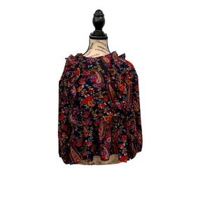 H&M BLACK & RED PAISLEY LONG SLEEVE RUFFLE BLOUSE SZ 2 - EUC
